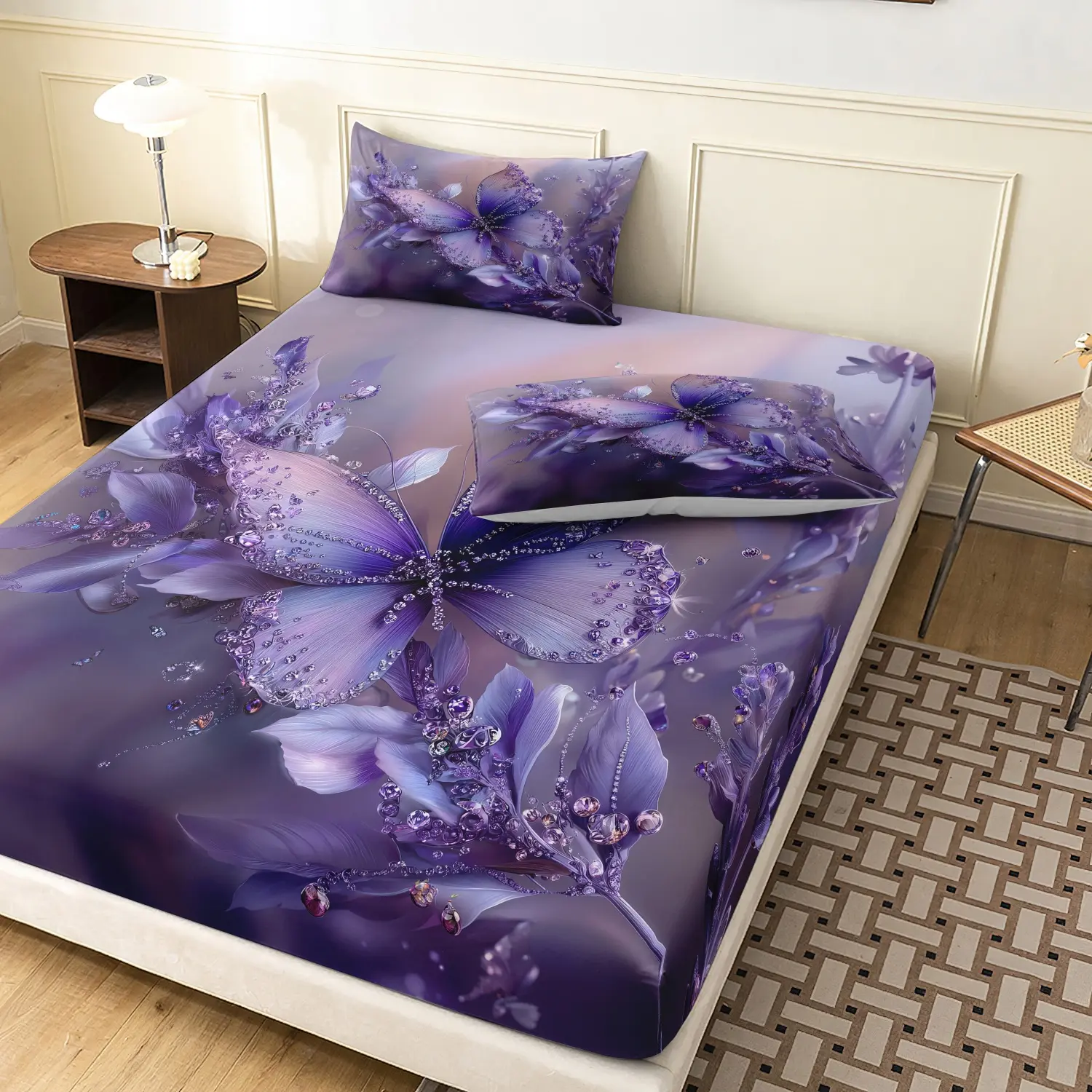 3Pcs Dreamy Purple Butterfly Print Fitted Sheet Set, Gradient Violet Crystal Floral Printed Bedding, Soft Microfiber Elegant Feminine Bedding For Bedroom Home Decoration, Multiple Sizes Available (1 Fitted Sheet + 2 Pillowcases, No Pillow)