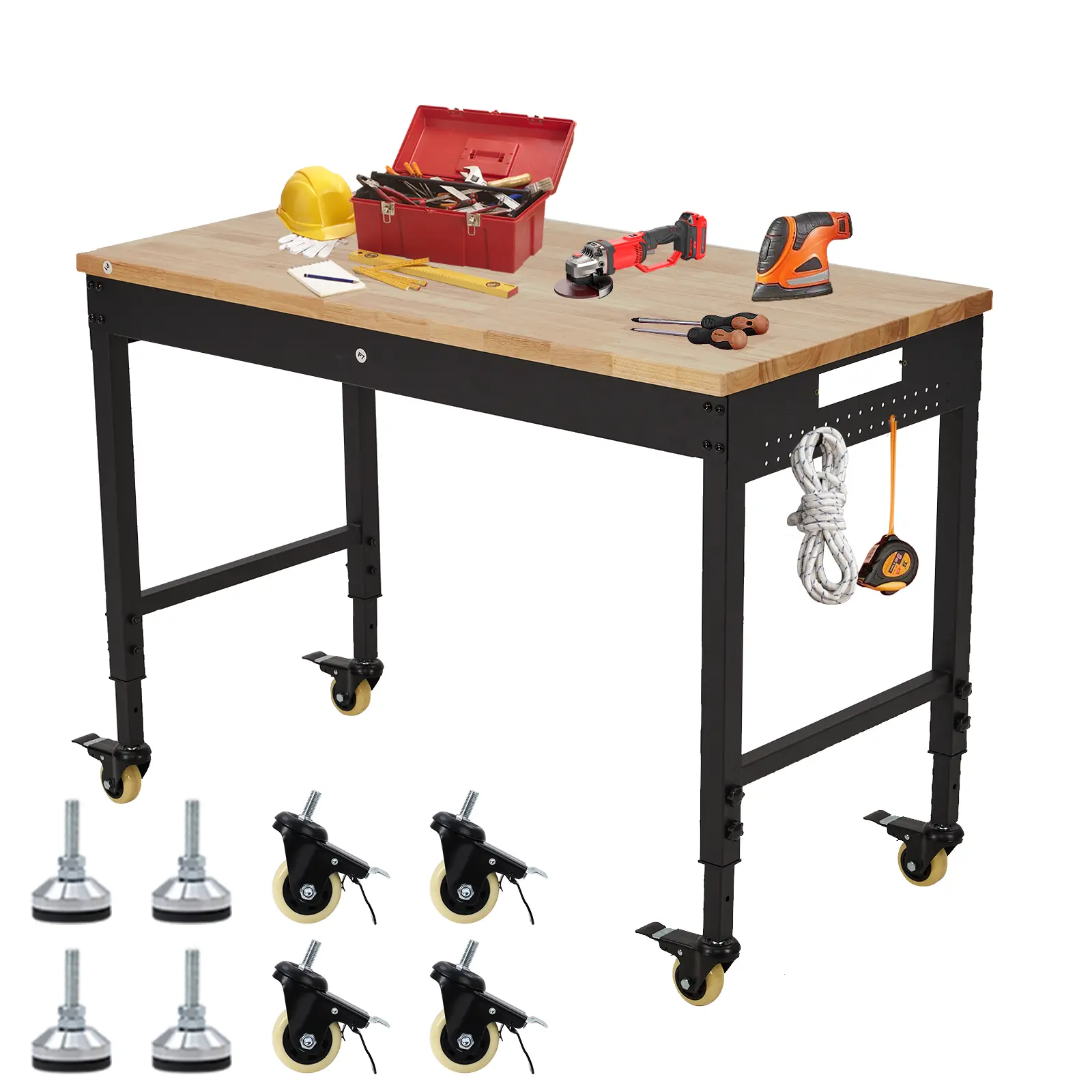 Heavy Duty Adjustable Workbench 48" with Drawer Storage, Pegboard, Backplate, Power Outlets, Rolling Table - 2000lbs Capacity, Rubber Wood Top for Garage, Workshop, Warehouse