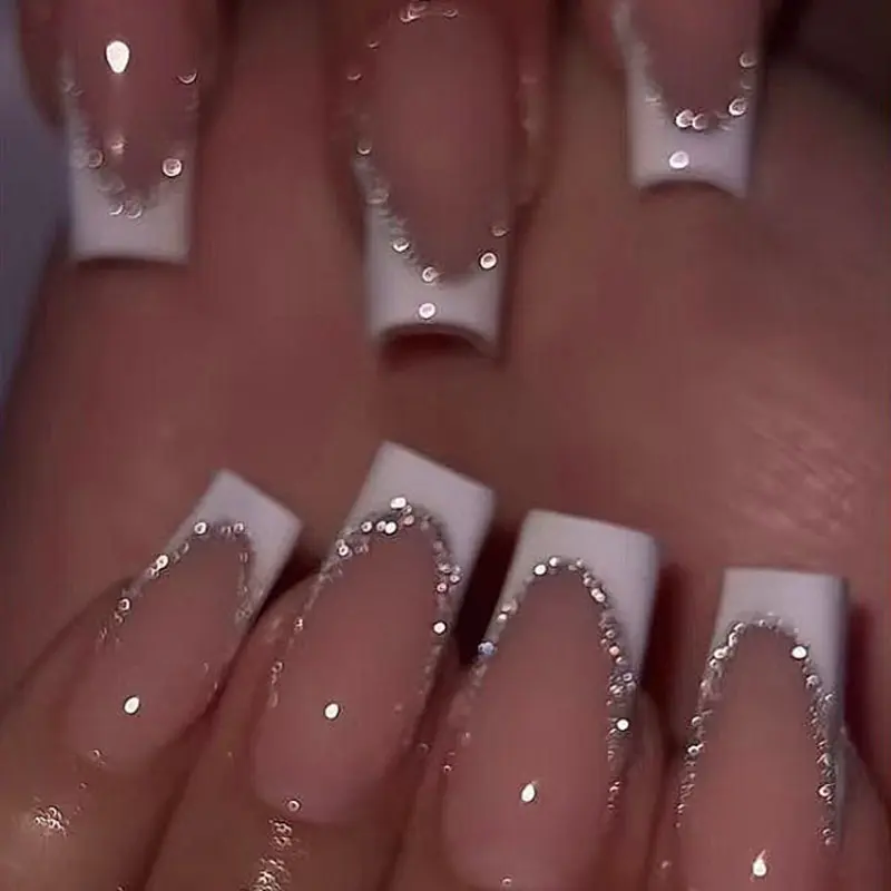 24pcs French Nail Stickers, French Nails, French Nail Art, Silver Color Glitter Edges, Medium Size, Summer Manicure Essentials, Includes Gel Adhesive & File