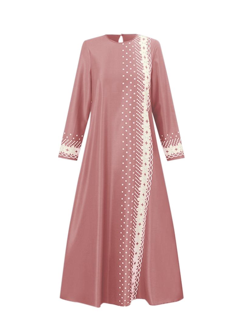 Women's Floral & Dot Print Long Sleeve Maxi Dress, Modest Round Neck Arabian Dress for Daily Wear, Ladies Islamic Clothing for All Seasons