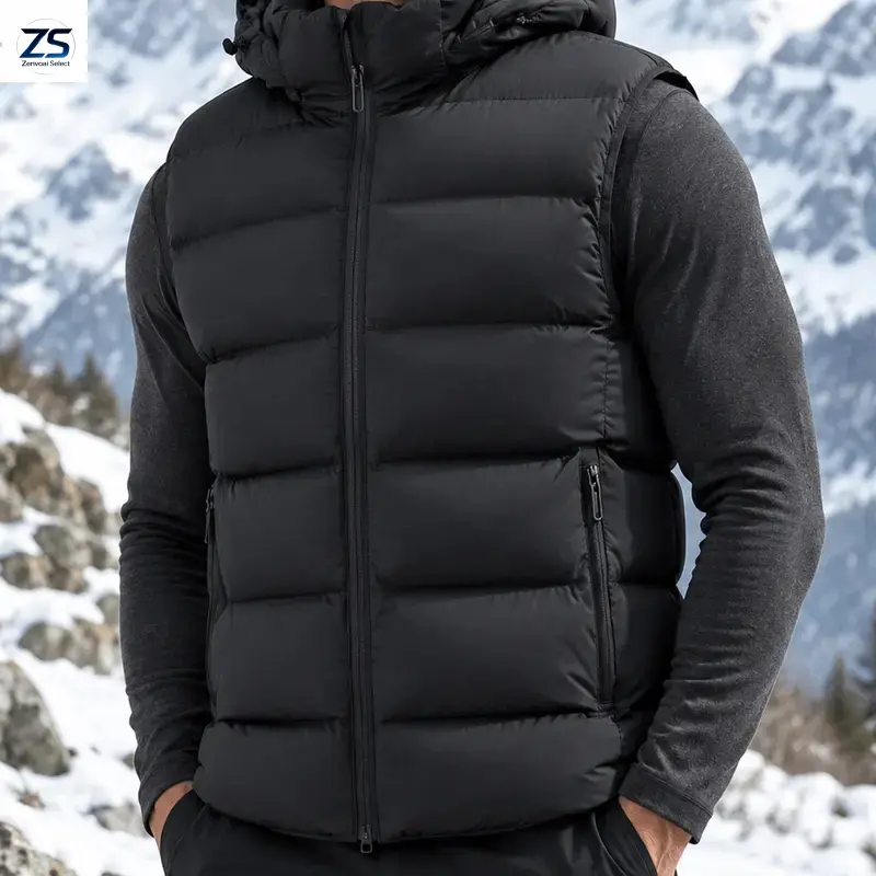 ZS Men’s hooded cotton vest, solid black, horizontal topstitching, full zip closure, sleeveless outerwear with zippered pockets and adjustable drawstring hood; warm layering piece winter outdoor hiking and commuting.