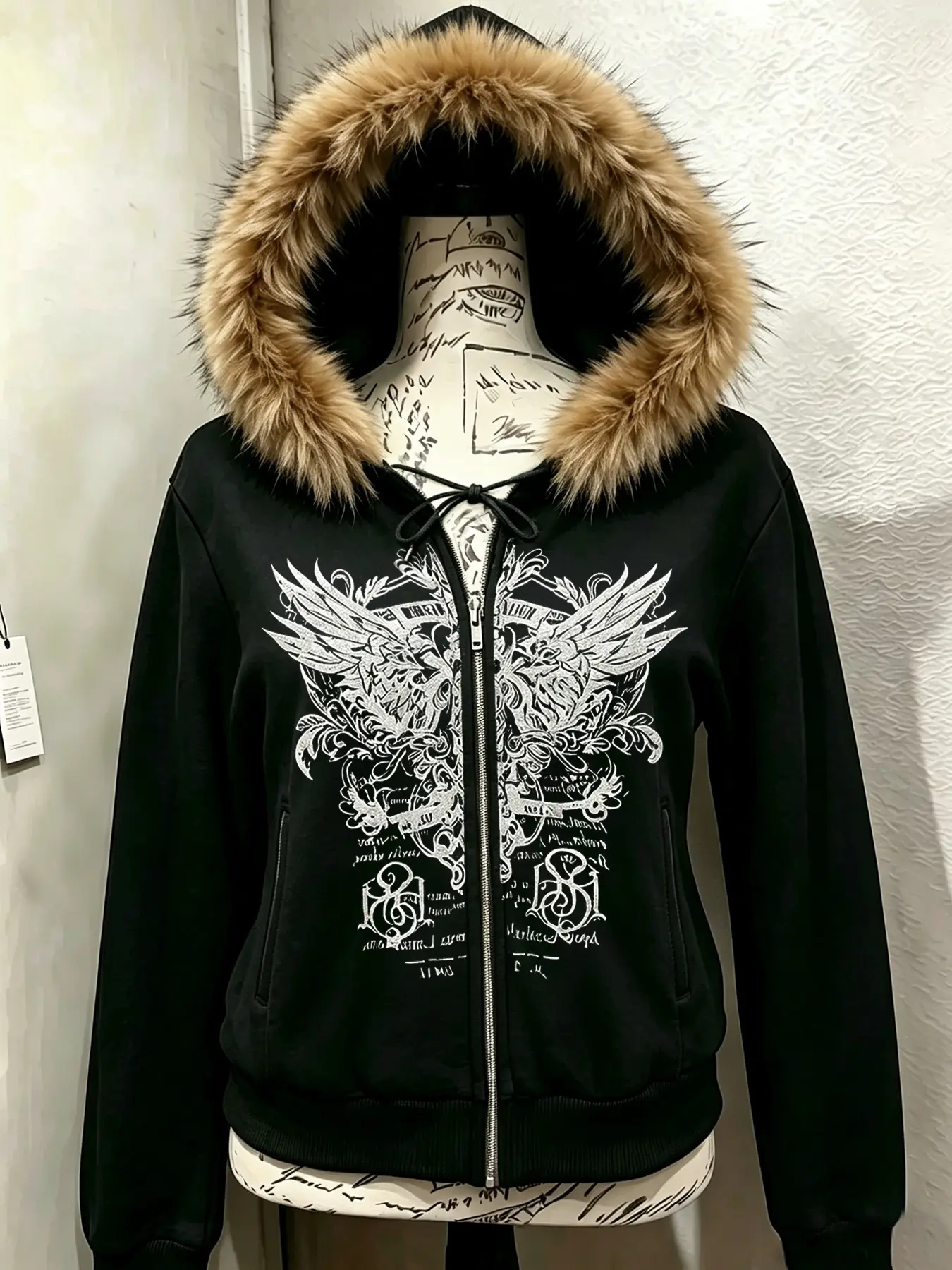 Women's hooded zip-up jacket featuring a cozy, fleece-lined hood and a Gothic-style eagle print; a long-sleeved Y2K winter jacket.