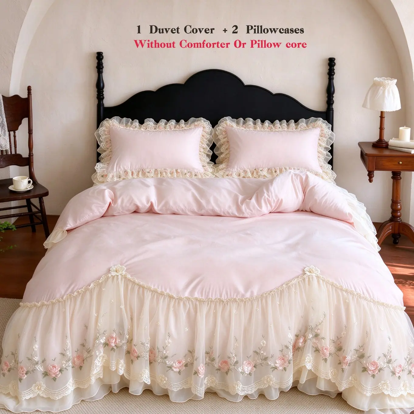 Three-piece Set with Embroidered Lace and Double Ruffles, Decorative Bedding Set, Princess-style Quilt Cover and Pillowcase Bedding Set, Multiple Sizes, Quilt Insert and Pillow Inserts Not Included, Suitable for All Seasons, Korean-style Bedroom Bedding
