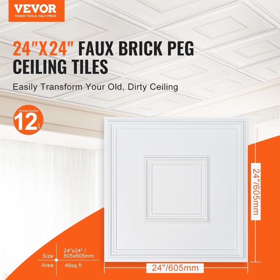 VEVOR Ceiling Tiles, 12-Pack 24x 24 in, Drop Ceiling Tiles Premium PVC Sheet, Easy Installation/ Cutting Plastic Glue-up Ceiling Tile, Ceiling Covering for Home/Office Decoration, White Peg Pattern