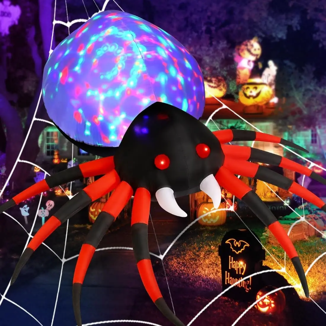8 FT Halloween Inflatable Spooky Giant Spider Outdoor Decorations, Blow Up Spider Yard Decorations with Rotating Colorful Light and Glowing Eyes for Halloween Party Lawn Garden Outside Decor