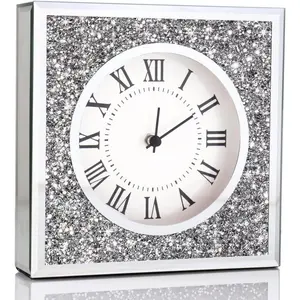 Desk & Wall Clock 8x8x2Inch Crushed Diamond Mirrored Decorative Clock for Home Table Top Decoration, AA Battery not Included