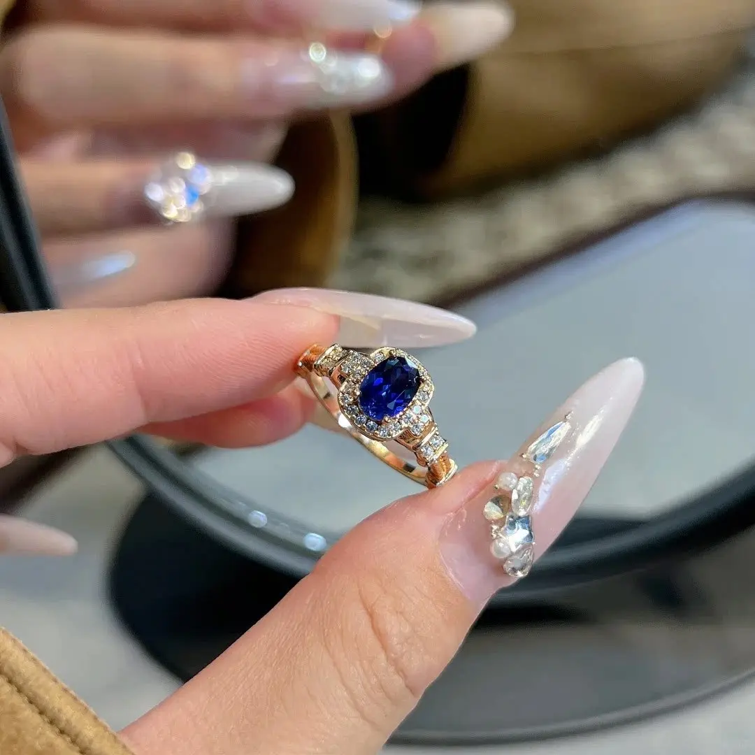 DOUX Gold-Tone Sapphire Blue Crystal Open Adjustable Ring
