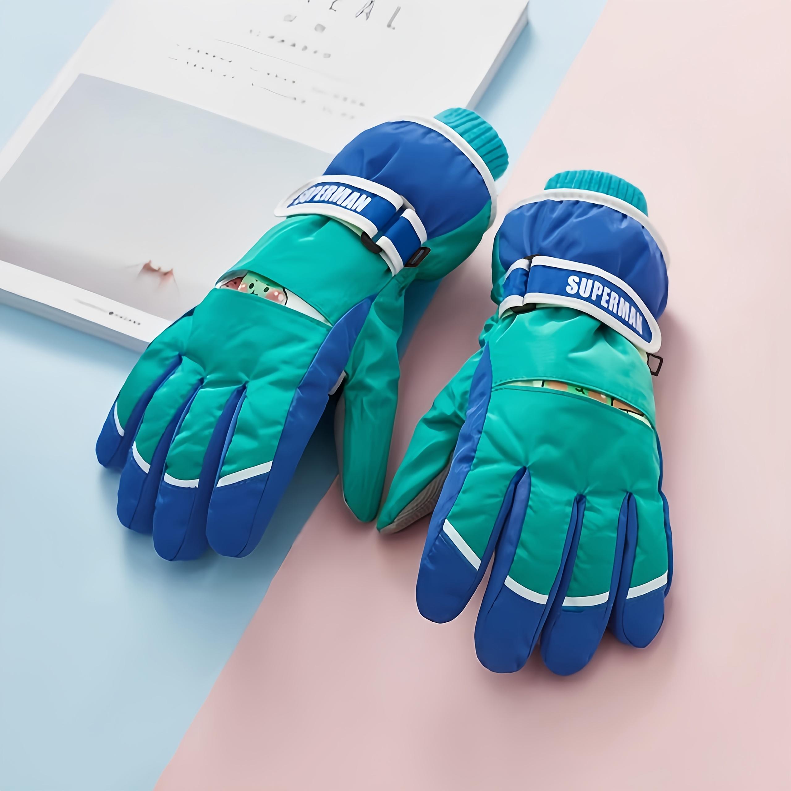1-Pair Winter Ski Gloves - Cold Weather Thermal Gloves with Wrist Strap & Color-Coded Tips, Soft Plush Inner Lining - Ideal for Skiing, Snowboarding, Snowplay - Boys & Girls Ages 6-10 Years - Multi-Color Options (Blue, White, Black, Orange, Green, Pink, G