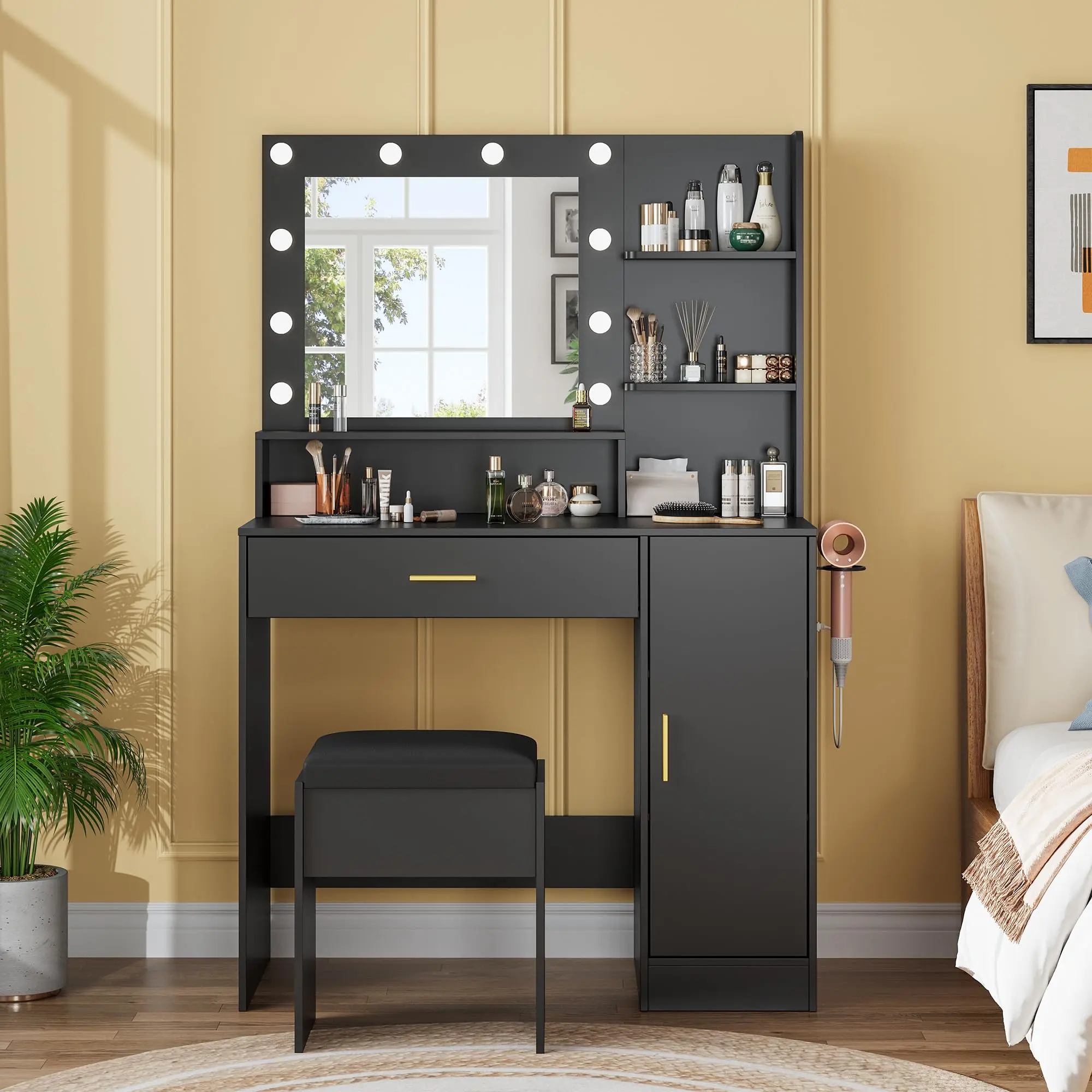 YJ-Garvee Compact Vanity with Mirror, Three-Level Adjustable Lighting, Drawer Cabinet, Power Outlet, and Stool - Ideal for Bedrooms and Apartments, Available in Black and White