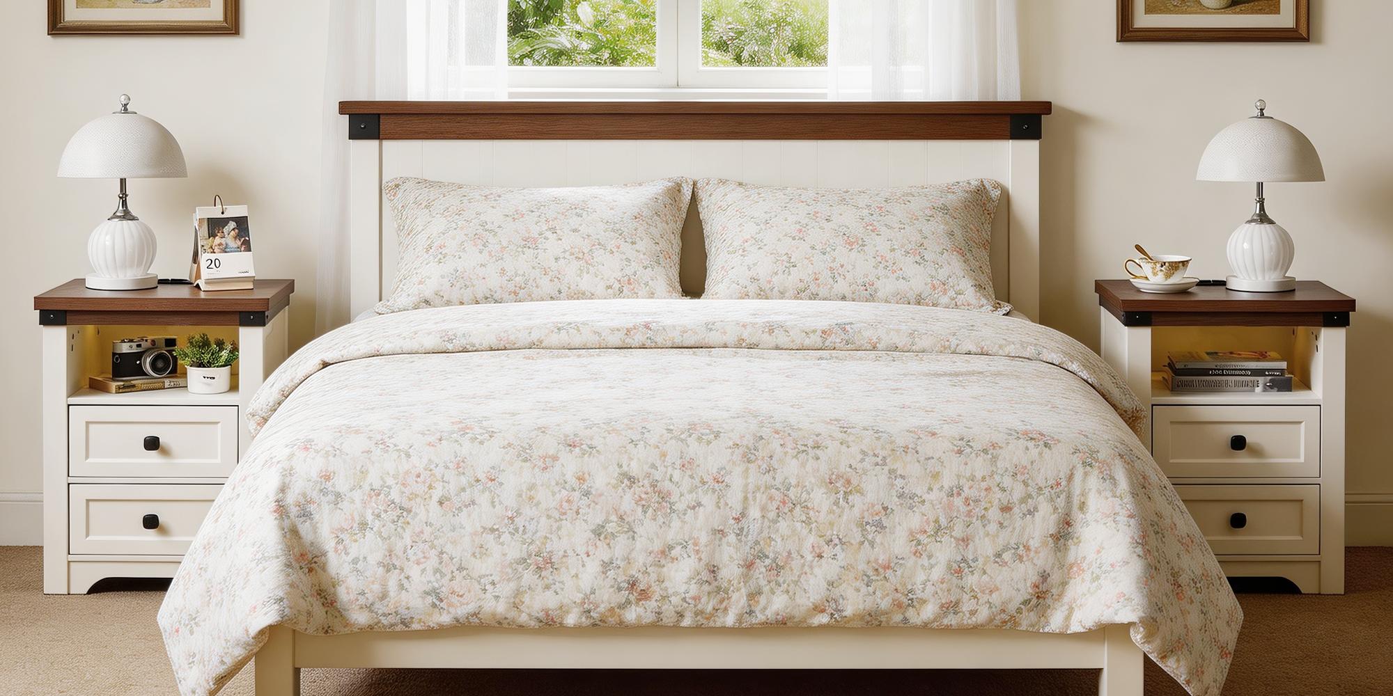 ARCH Farmhouse Side Table with Charging Station, Antique Nightstands with Drawers, Bedside Table with Open Shelf for Bedroom, White