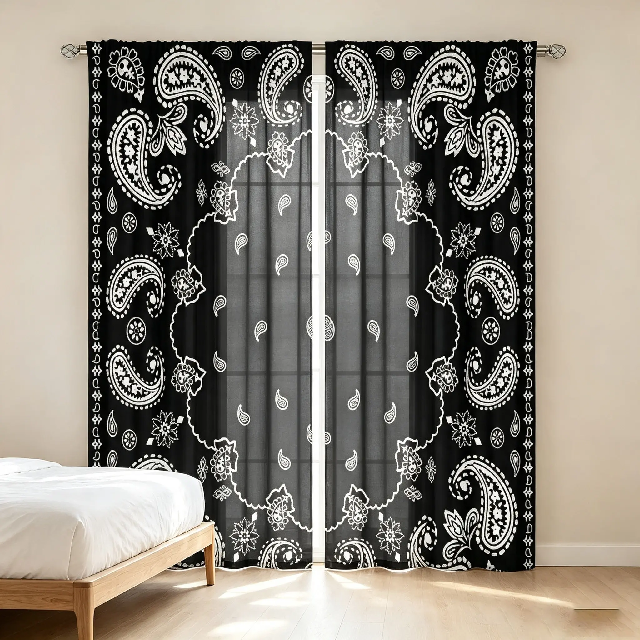 2 classic black and white paisley cashew flower Curtain Panels, personalized and trendy, suitable for bedrooms, living rooms, study rooms, and guesthouses, decorative curtains made of semi-opaque polyester material