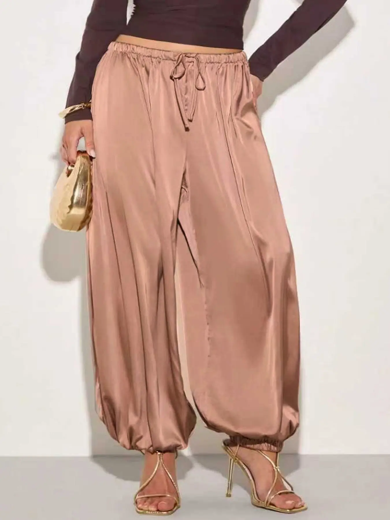 Women's Summer Casual Solid Satin Waist Tie Wrinkle Wide Leg Loose Harem Pants, Solid Drawstring Long Pants, Ideal for Outdoors and Daily Wear