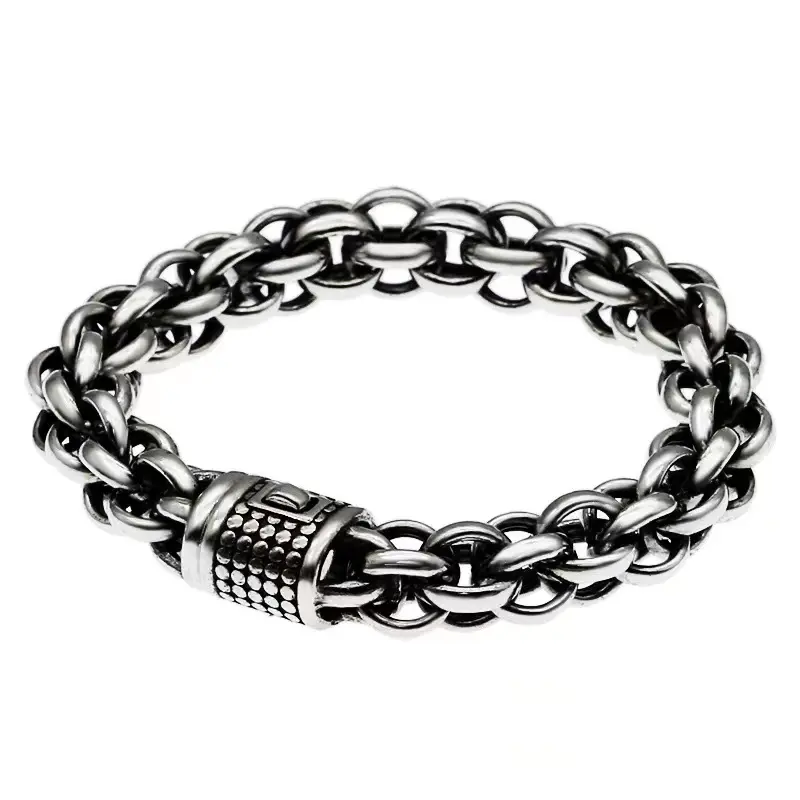 Vintage Silver Thick Cuban Link Bracelet for Men, Stainless Steel Heavy Duty Double Chain Curb Bracelet, Dot Pattern Lock Clasp Punk Hip Hop Statement Wrist Jewelry Gift