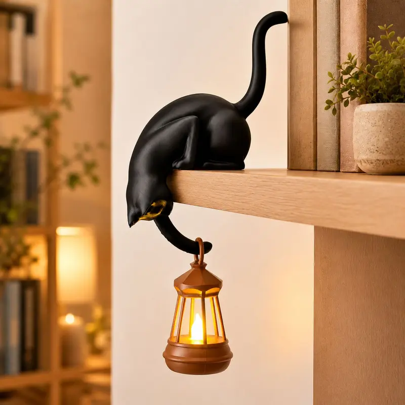 Black Cat Shelf Sitter with Flickering Lantern, Gothic Bookshelf Decor, Dark Figure Decor, Spooky Halloween Home Decor, Cozy Reading Nook, Cat & Book Lover Gift, Decoration Figure