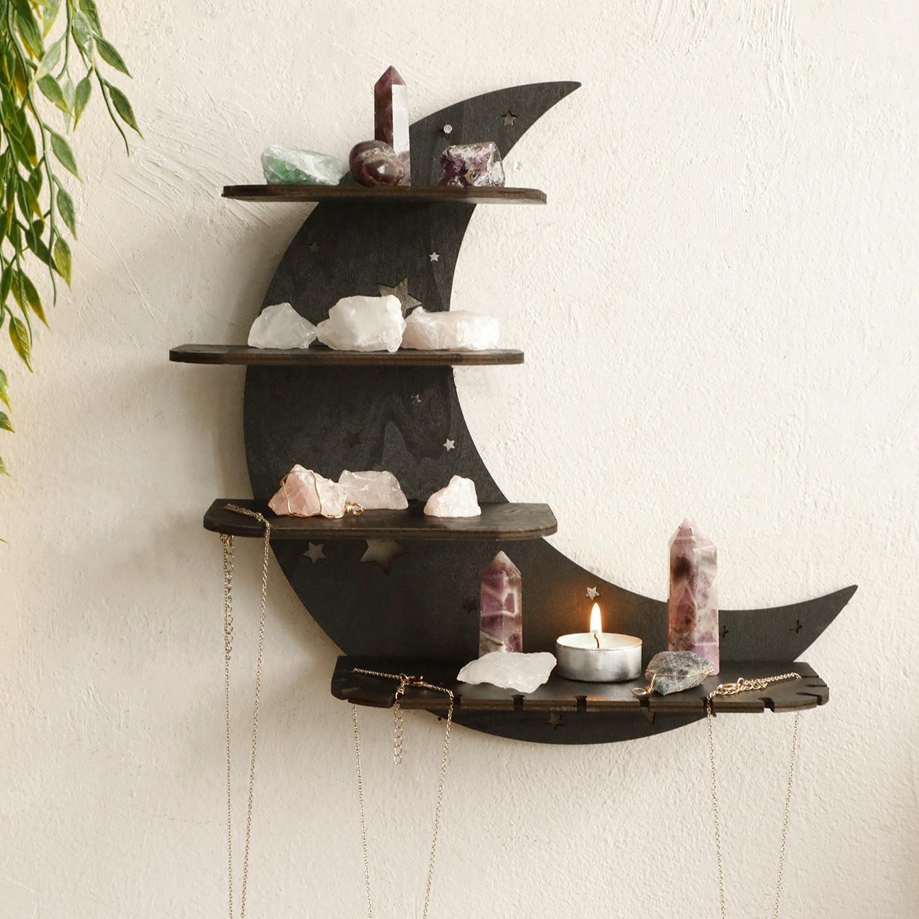 Moon Shaped Wall Mounted Shelf, 1 Count Wooden Wall Hanging Storage Rack, Wall Mounted Holder, Wall Mount Design, Wall Decor for Home Interior Living Room Bedroom, Home Decor, Decorations Supplies