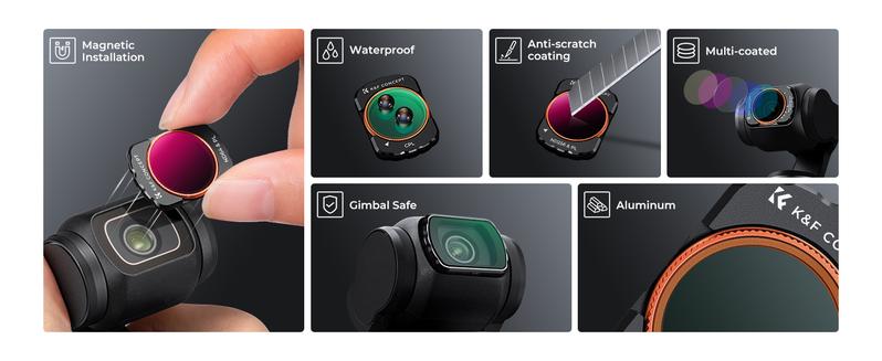 K&F Concept 4 Pack Magnetic Filter Set Compatible with DJI Osmo Pocket 3, CPL Polarizer Filter, Variable ND2-32, Black Diffusion Mist 1/4, Wide Angle Lens, Action Camera Accessories