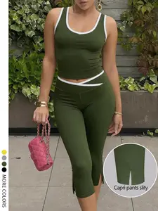 Lw Home High Waist Fashion Women's Slim-Fit Tank Top and Capri Set, Split Hem Design, Perfect for Summer, Casual Solid Pattern Clothing