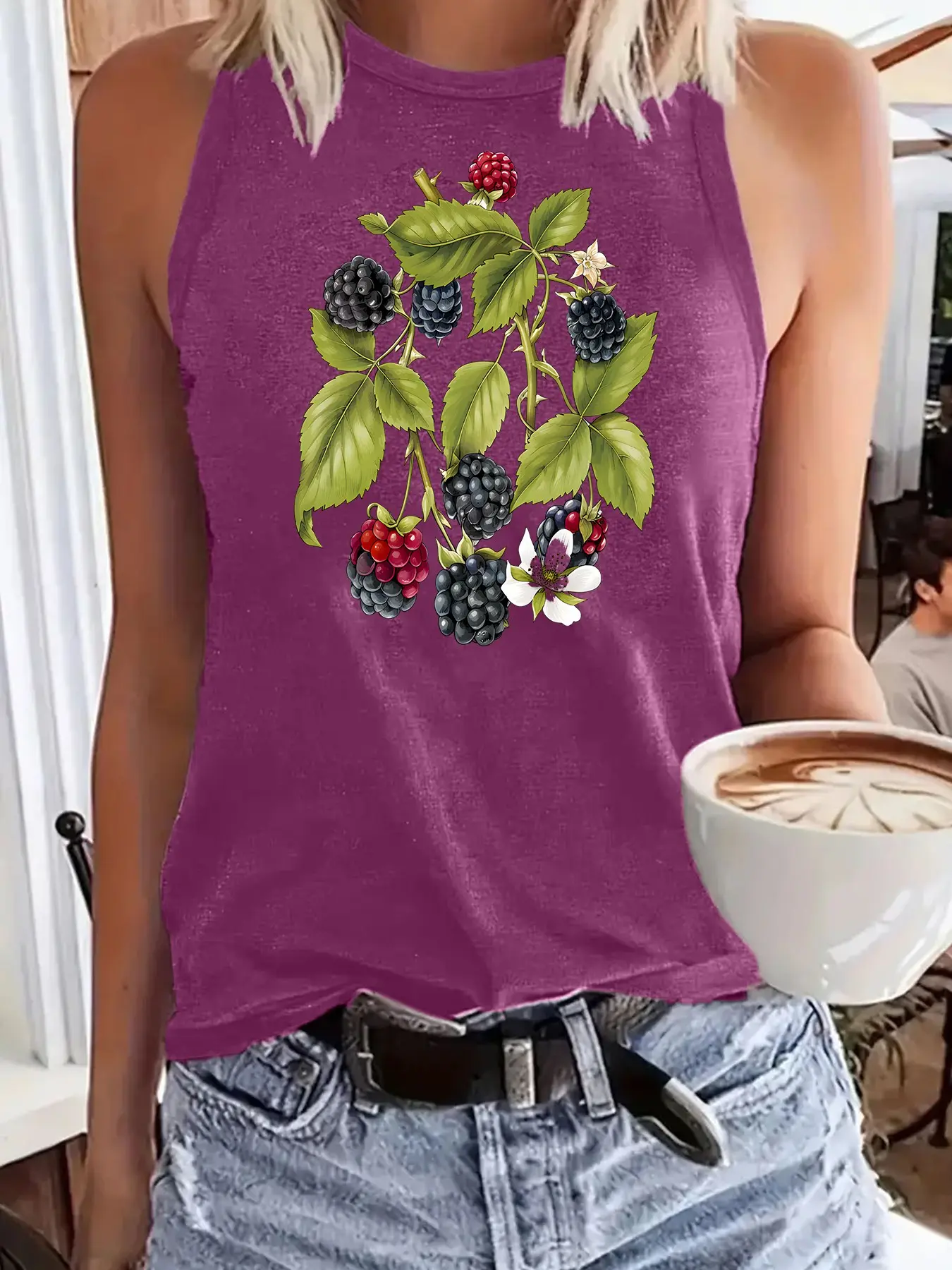Women's Blackberry Plant Print Sleeveless Tank Top, Casual Loose-Fit Round Neck, Breathable Fabric, All-Season Wear