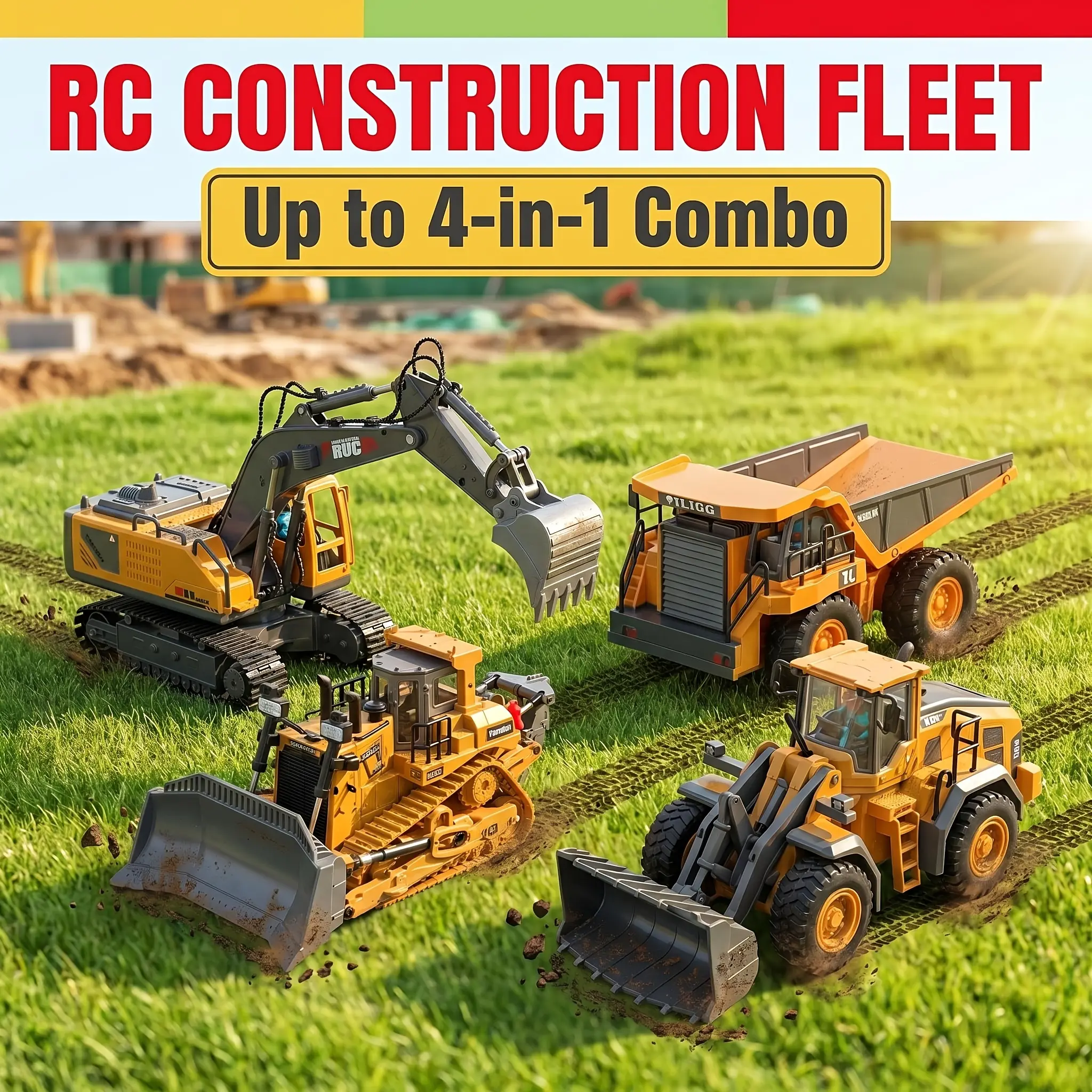 SUPERMELER 4pcs/3pcs/2pcs Set Remote Control Engineering Vehicle Set, 2.4G High-tech 11-channel Remote Control Excavator Dump Truck Bulldozer Alloy Plastic Engineering Vehicle Remote Control Construction Toy Car Set-lingkun