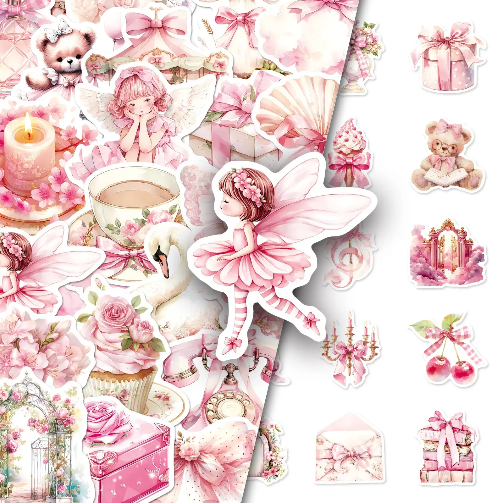 50 Sheets Pink Aesthetic Stickers – Kawaii Fantasy Fairy Tale Cartoon for Scrapbook, DIY Phone Case Decor, Journal, Laptop, Water Bottle