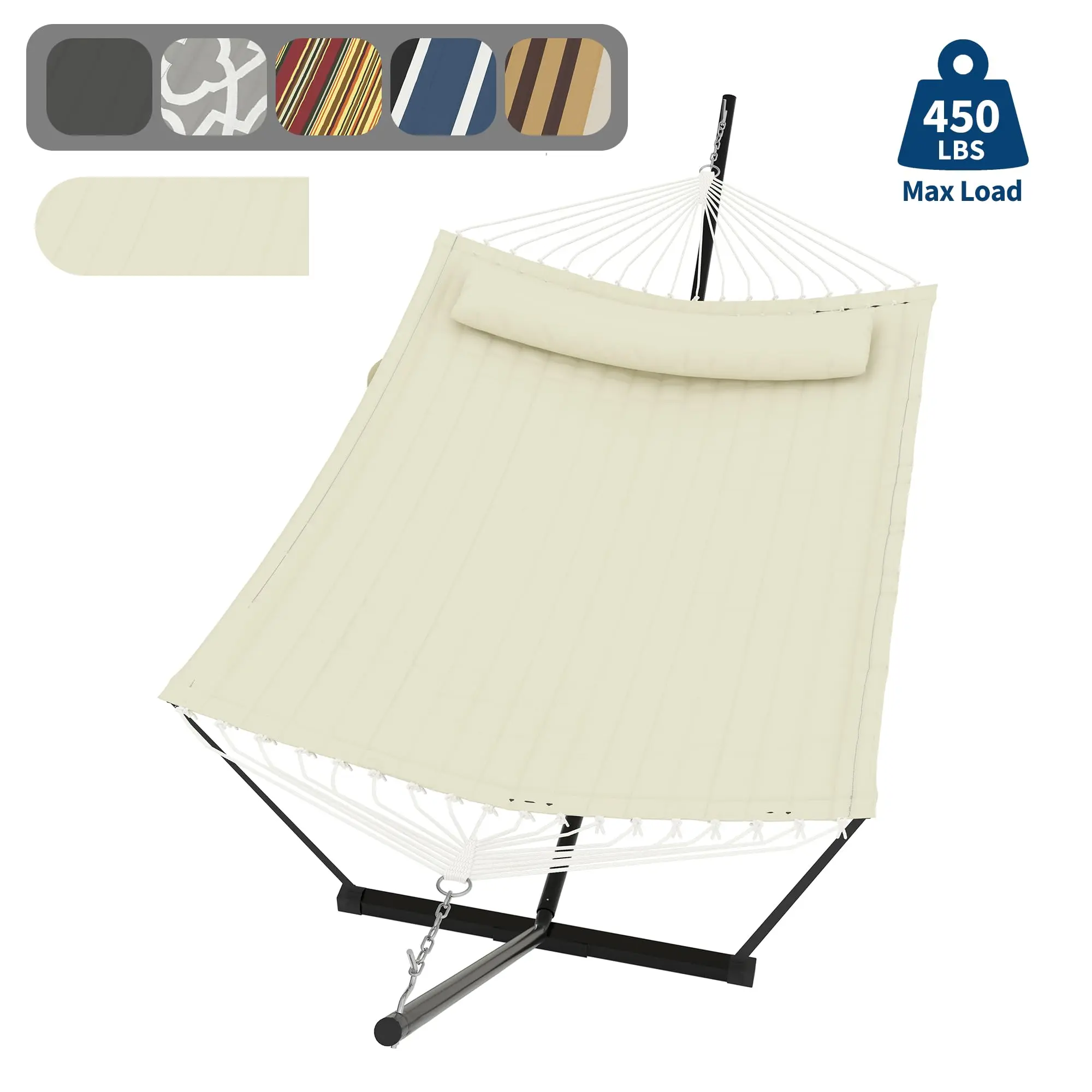 Quilted Double Hammock Only with Adjustable Heavy Duty Steel Stand, 2 Person Capacity Holds up to 500lbs, Detachable Pillow and Storage Pocket, Suitable for Patio, Backyard, Garden and Beach