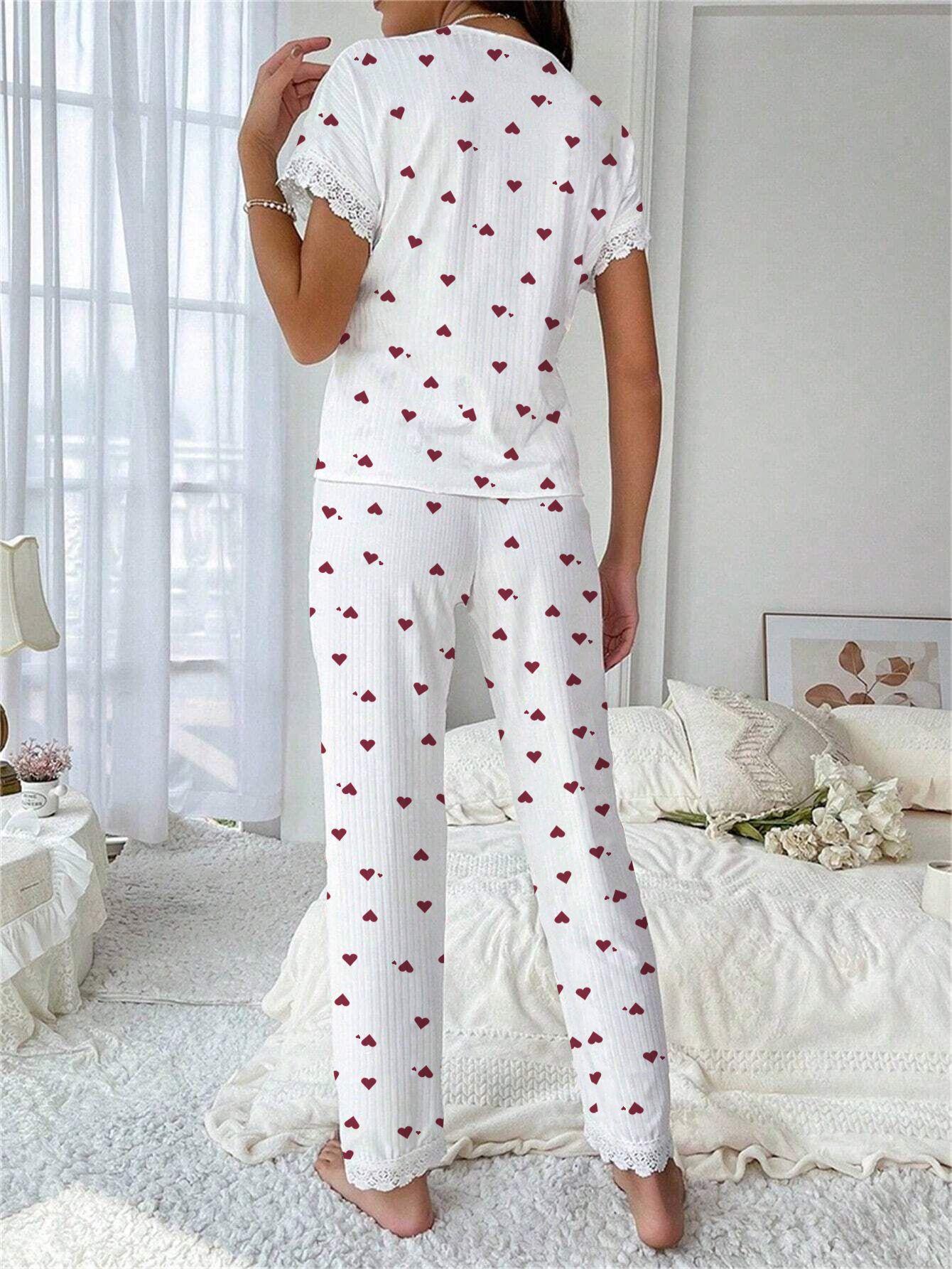 Cherry Print Short-Sleeve Collared Pajama Set for Women Oversized Style with Matching Pants
