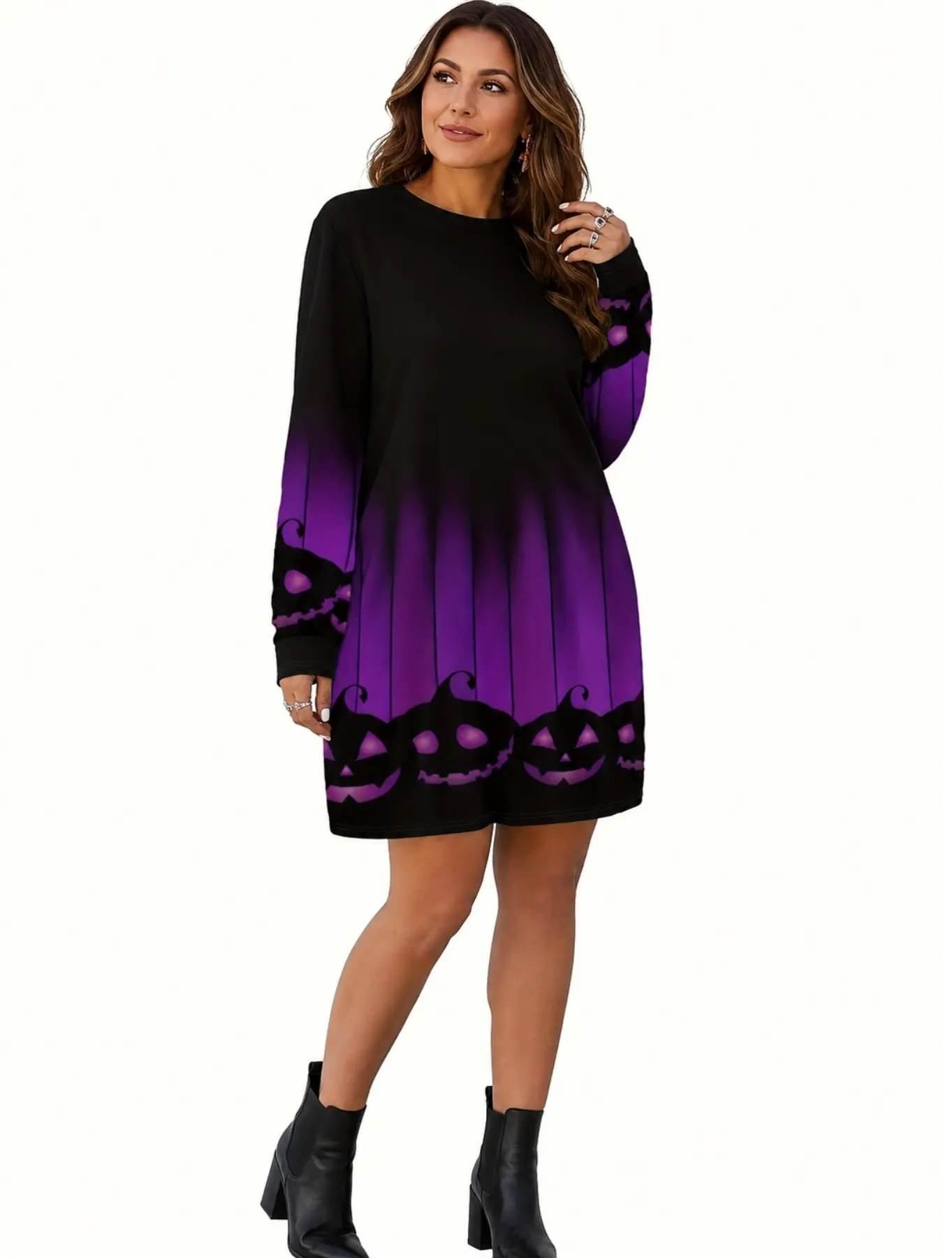 Halloween Pumpkin Print Fashion Casual Long Sleeve Dress Ly8696, Stylish Halloween, Comfortable and Trendy Design, Perfect for Festive Occasions