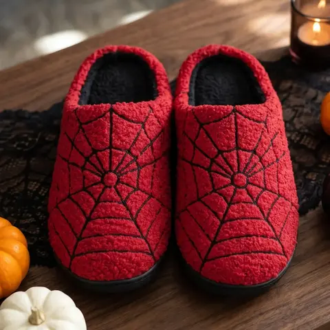 Halloween Plush Spider Web Slippers, Unisex Fall Winter Home Shoes, Embroidered Teddy Fleece, Silent Non-Slip, Indoor Outdoor Use, Fluffy House Slippers