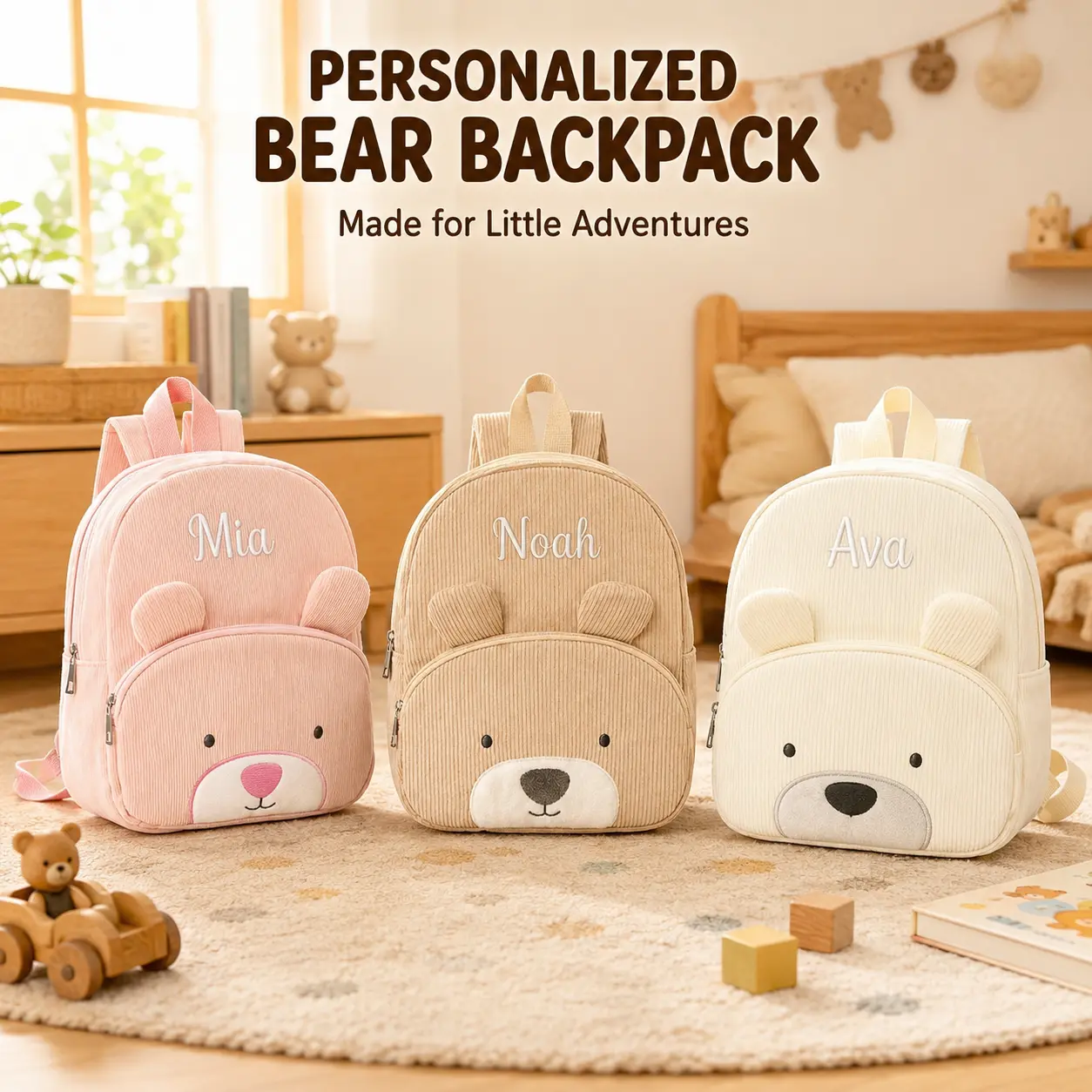 Personalized Corduroy Backpacks for School - Unisex Custom Bag with Teddy Bear/Khaki Puppy/Unicorn Designs, White Name Embroidery, Adjustable Straps; Ideal for School Outings, Travel