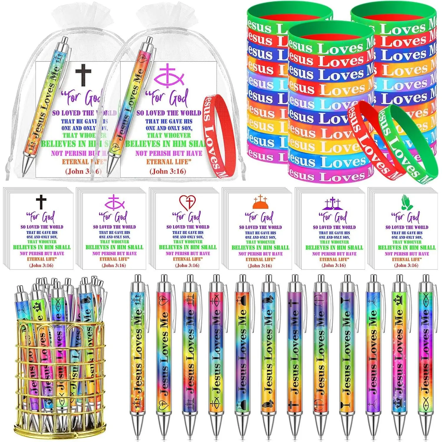 24 Pack  Loves Me Christian  Set with  Verse Pens,  Bracelets, Inspirational Cards & Organza Bags for Church Sunday VBS Party Favors Religious Supplies