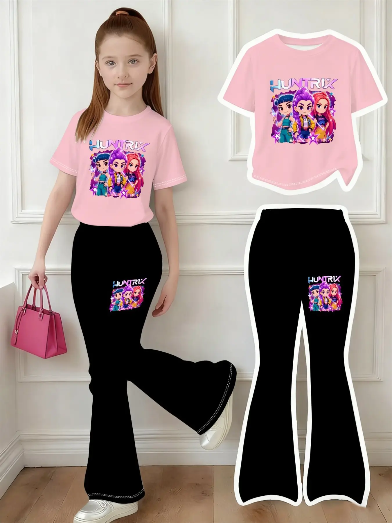 Girls' Short Sleeve T-Shirt + Bell Bottoms Set, Anime Print Casual Sportswear, Cute Streetwear, Soft Stretch Fabric, Trendy Bell Pants Style