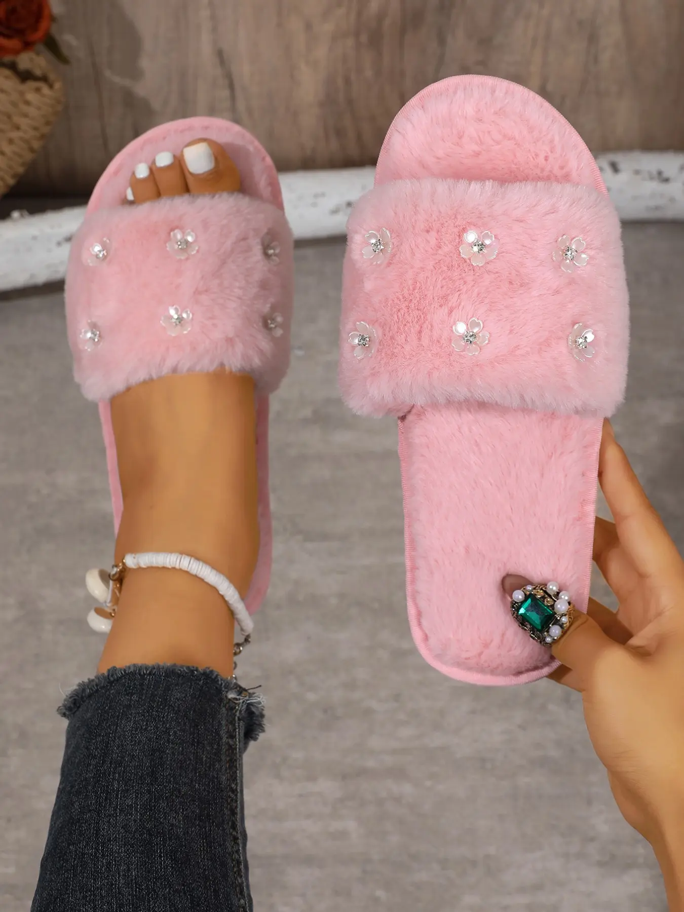 2026 Rhinestone Flower Decor Slippers, Plush Wide Strap, Soft Flat Sole, Multi-Color, Fall & Winter, Casual Home & Outdoors