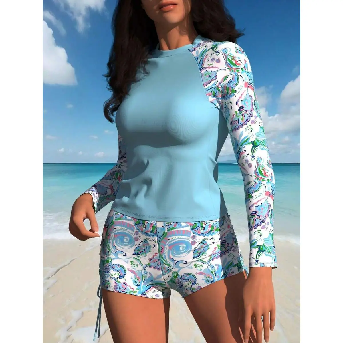 Women Solid Soft Light Lake Blue Raglan Long Sleeve Color Block Bohemian Paisley Mandala Printed UPF Sun Protection Rash Guard Swim Top Matching Base Same Print High Waist Adjustable Drawstring Casual Sporty Breathable Beach Board Shorts Two Piece All Mat