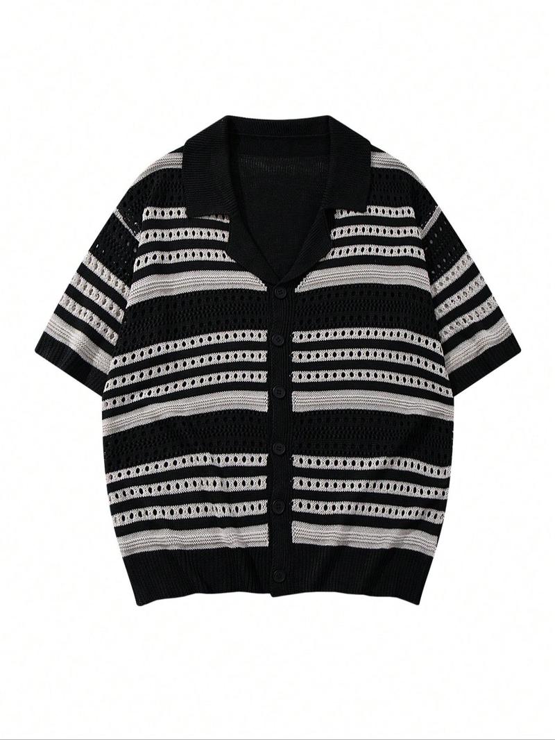 Men's Striped Print Short Sleeve Cardigan, Loose Casual Open Front Knitwear for Spring & Summer, Fashion Men's Knit Clothing for Daily Wear, Tops