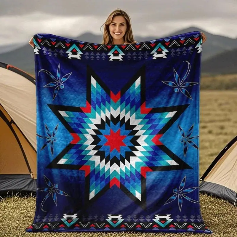 Native American Style Quilted Flannel Blanket, Wrinkle Resistant, 60in*50in/80x60in, All-Seasons Southwestern Tribal Bedspread with Star Motif, Ideal for Birthday Gifting