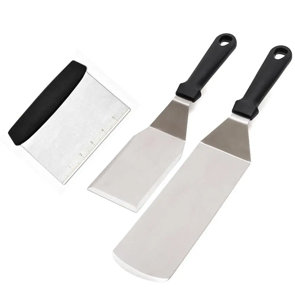 3pcs Stainless Steel Spatula and Scraper - Professional Chef Griddle Spatulas Set- Heavy Duty Accessories Great for Cast Iron BBQ Flat Top Grill Skillet Pan BBQ Tools