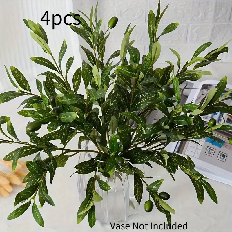 4 Pcs Artificial Green Olive Branches, Faux Stems for Wedding, Home, Photography Props & Floral Decor, Decorative Artificial Greenery, Fake Plant Decoration