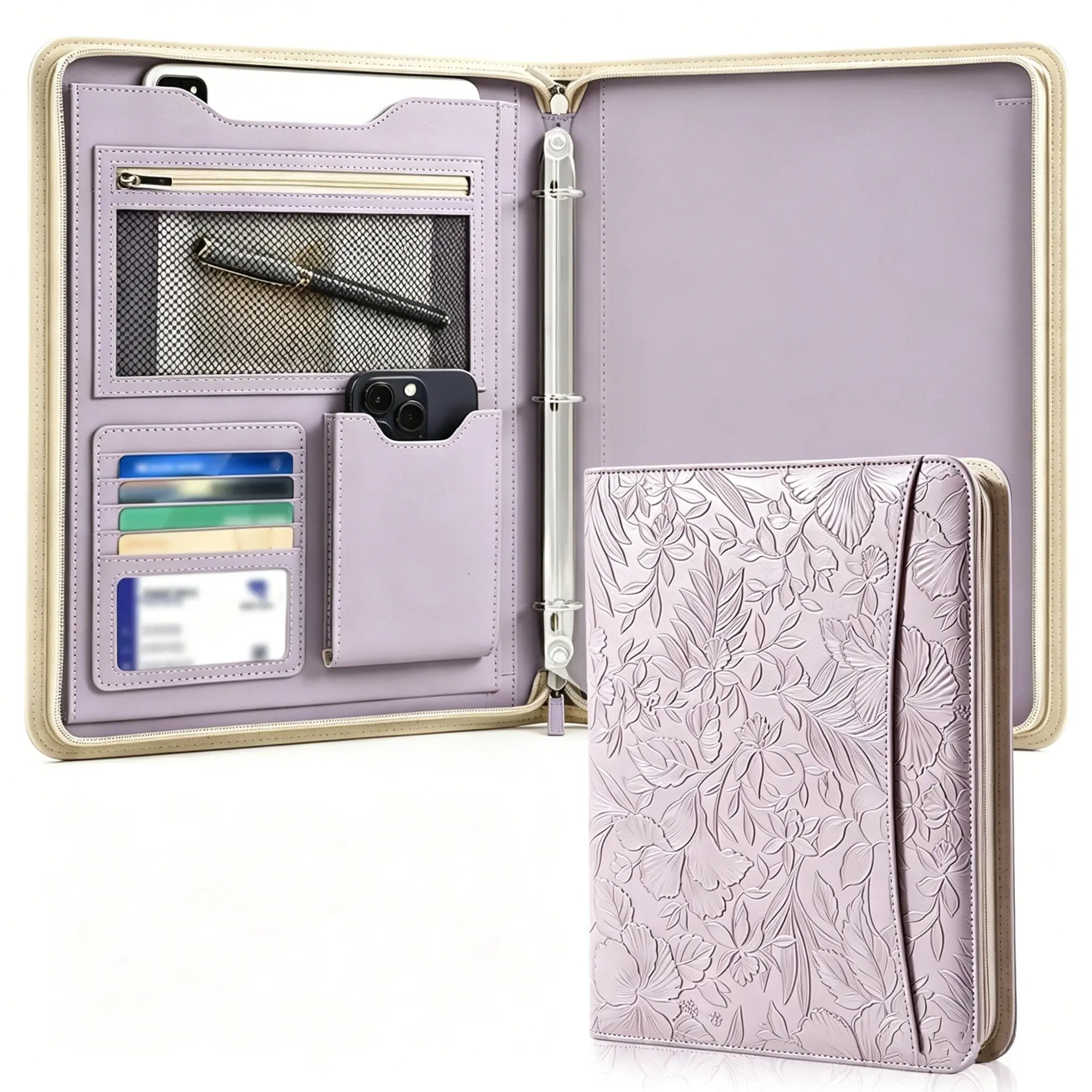 Stylish Embossed Leather Zipper Padfolio Portfolio, A4 3 Ring Binder Executive Manager Folder, Multi Pocket Business Organizer with Tablet & Phone Pocket, Resume Interview Folder, Sales Pitch Contract Holder for Office, Job Hunting & Business Trip