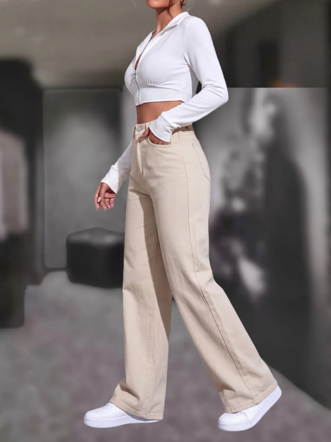 Vintage Apricot Women's High Waist Straight-Leg Jeans Pants, Chic Elegant Denim Design, Versatile Style, Perfect for Daily and Casual Wear