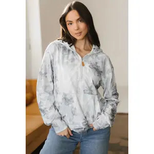 Gray Camo Leaf Print Kangaroo Pocket Quarter Zip Hoodie
