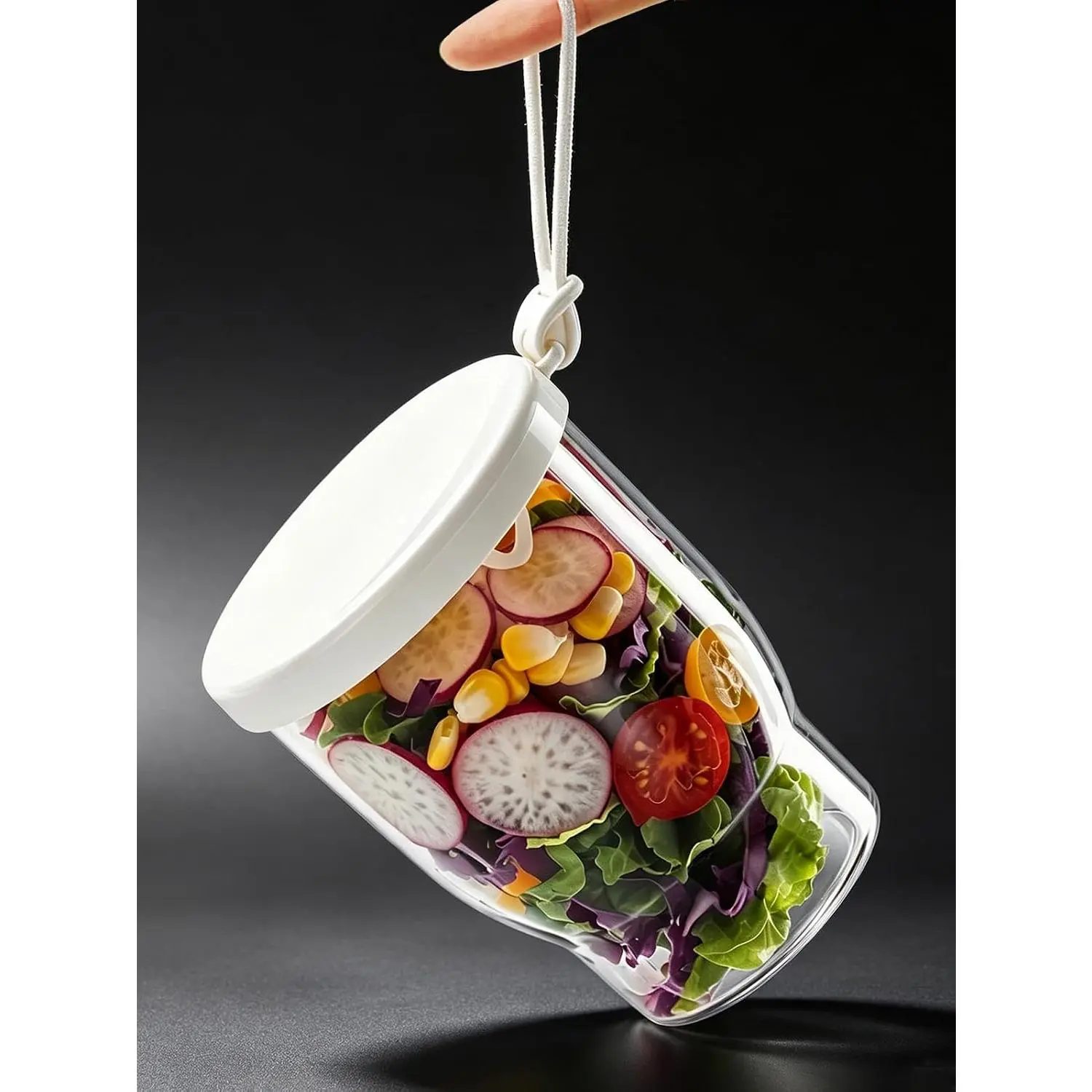 White Portable Plastic Kitchen Fruit Jar Set, 2-in-1 Fruit Salad Container with Lid & Fork - Leak-Proof Airtight Storage, Kitchen Utensils & Preserving Basket Strainer
