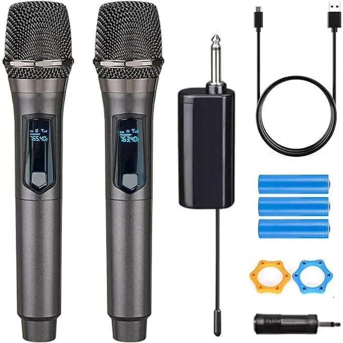 Wireless Microphone, Rechargeable Fixed Frequency Wireless Dual Microphone,Handheld Dynamic mic,Karaoke Singing, Weddings DJ,Party, Church, Classroom use, 200 feet, Gray. (2 Versions Randomly Shipped)