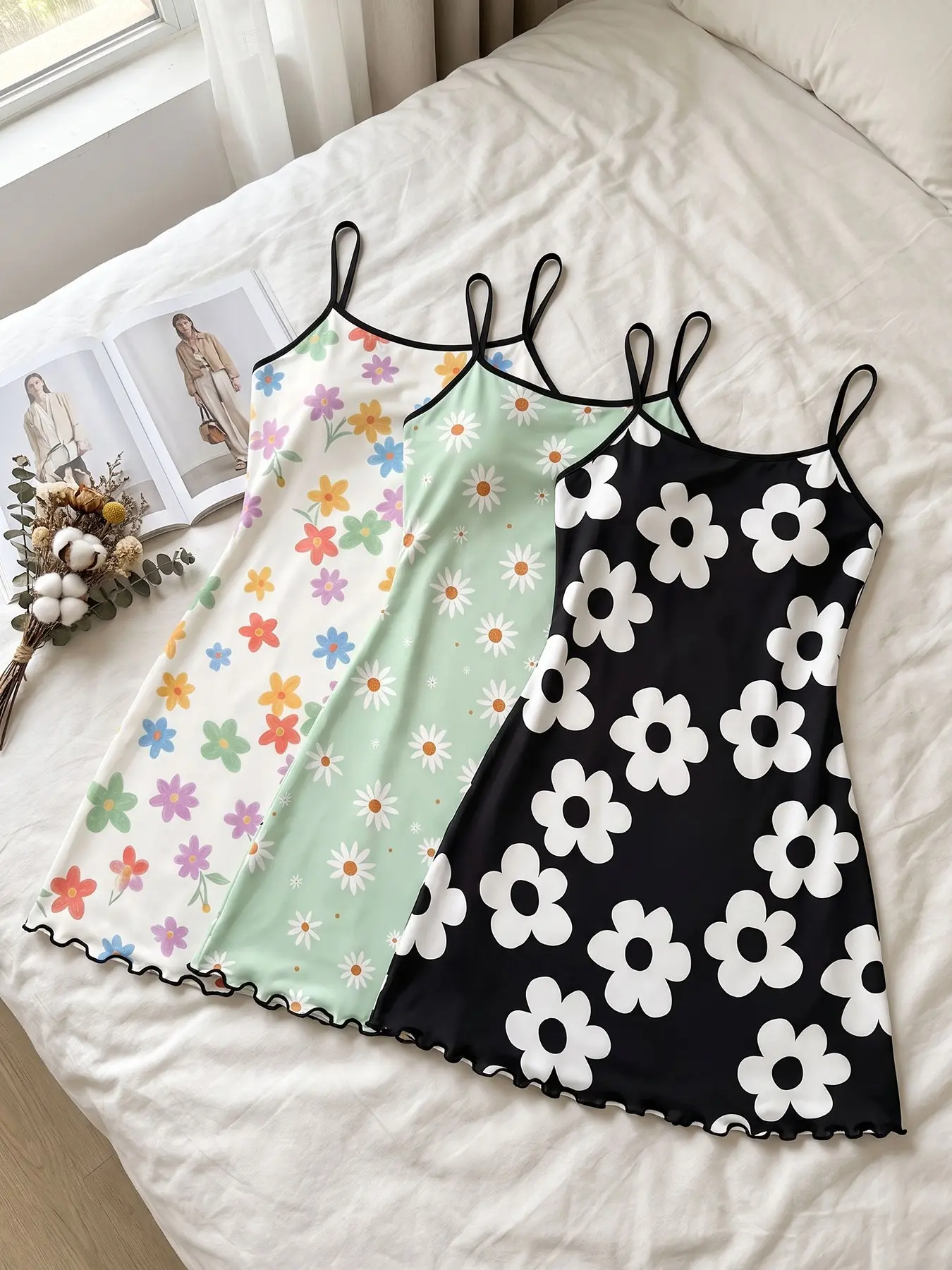 Women's 3 Pack Cami Nightgown Set, All Seasons Wearable, Retro Large Small Daisy Print, Wavy Edge, Vintage Spring Style, Loose Fit for Sleepovers & Short Trips
