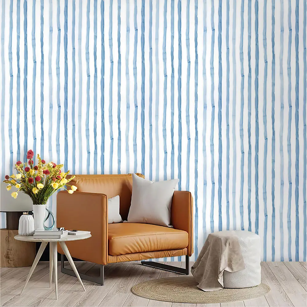 Blue White Vertical Bamboo Knot Stripe Self Adhesive PVC Wallpaper, Removable Sticker For Kitchen Bedroom Living Room Decoration