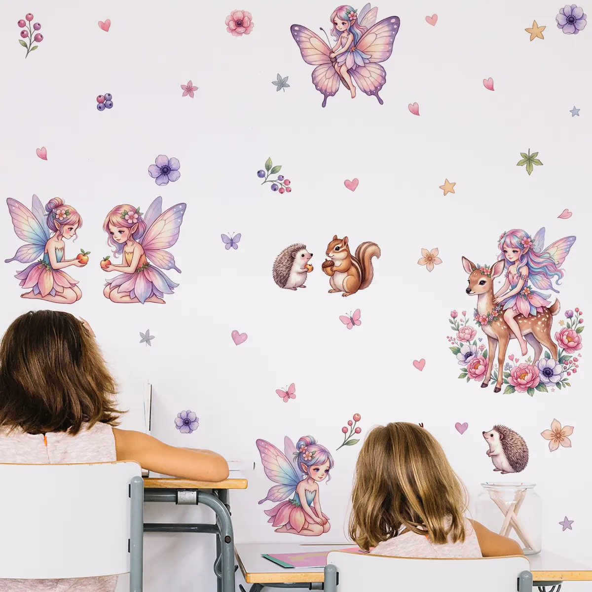 2Pcs Set (3060cm2pcs) Watercolor Forest Fairy & Deer Self-Adhesive Wall Stickers Decorative Decal with Flower Fairy Elements, Princess Style Living Room Wall Decor Decals for Room