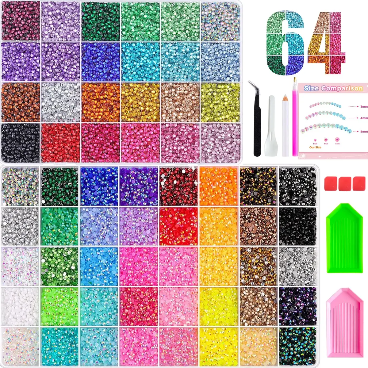 64 Grid 50000+ Ab Rhinestones Set, Multicolor Flat Back, Includes Clay, Drill Pen, Tray, Perfect for DIY Crafts,Nail Art Rhinestones / Flatback Crystals / Multi-Color / Pickup Tool， Christmas Birthday Gift for Women
