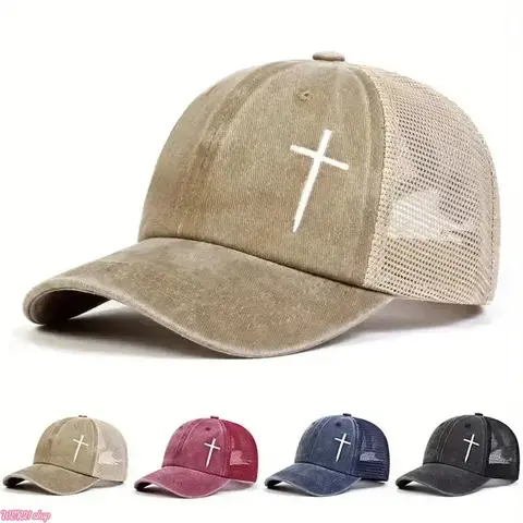 2026Vintage Christian Cross Embroidered Trucker Hat - Adjustable Mesh Sports & Outdoor Baseball Cap