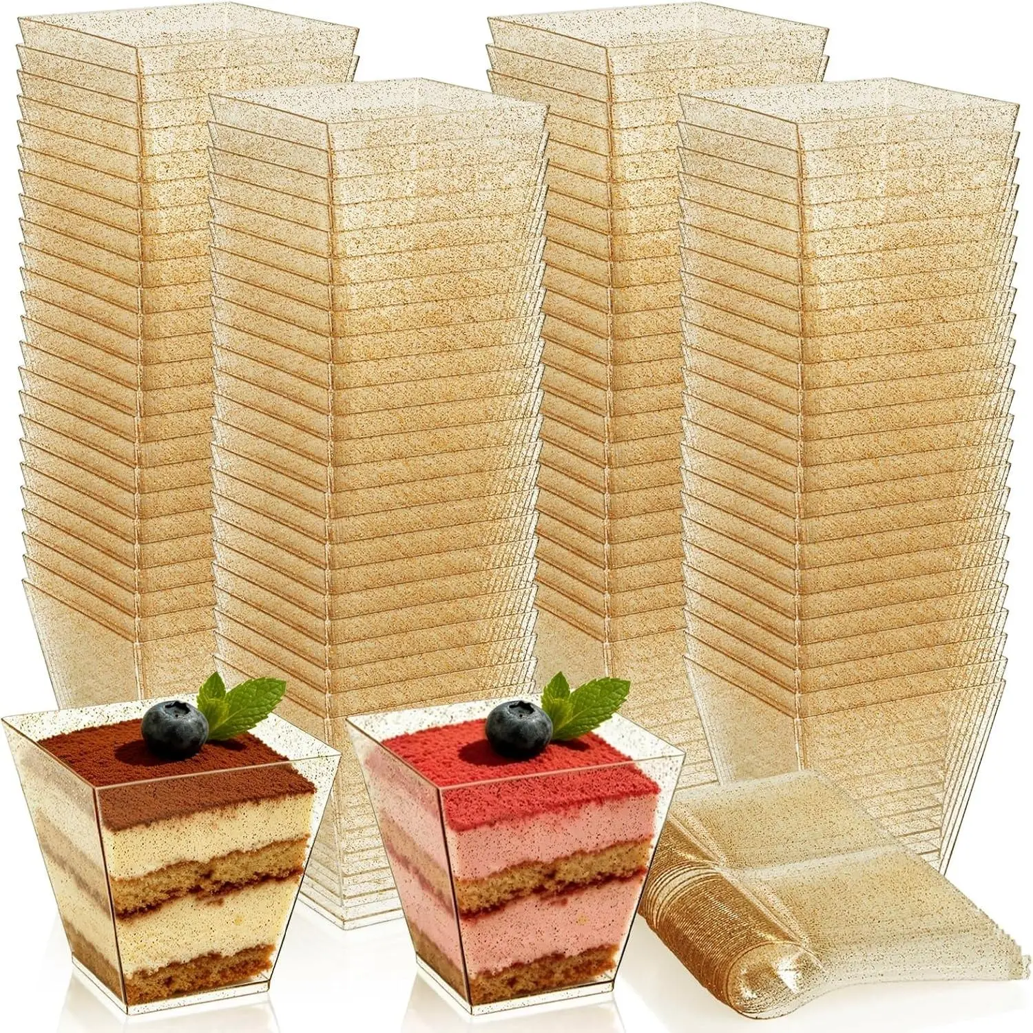 100 Pack 6 Oz Gold Glitter Medium Dessert Cups With 100 Square Dessert for Tasting Appetizers