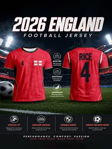 2026 England Modern Fan Football Jersey, Quick-Dry Breathable Lightweight Polyester Mesh, All-Over Print Slim Fit T-Shirt