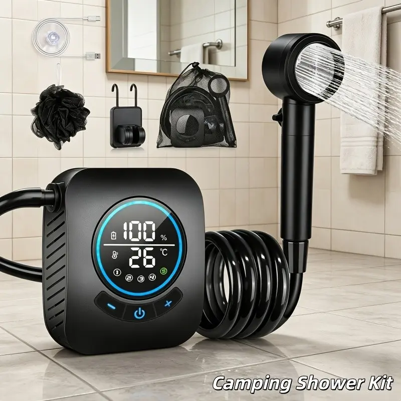 Portable Foldable Outdoor Shower System with Tub - 8000mAh Rechargeable Camping Shower with 5 Adjustable Speeds & 4 Spray Modes, LED Display & Fast Charging, IPX8 Waterproof Outdoor Shower Kit for Hiking, Travel, Car Washing & Pet Bathing (Black)